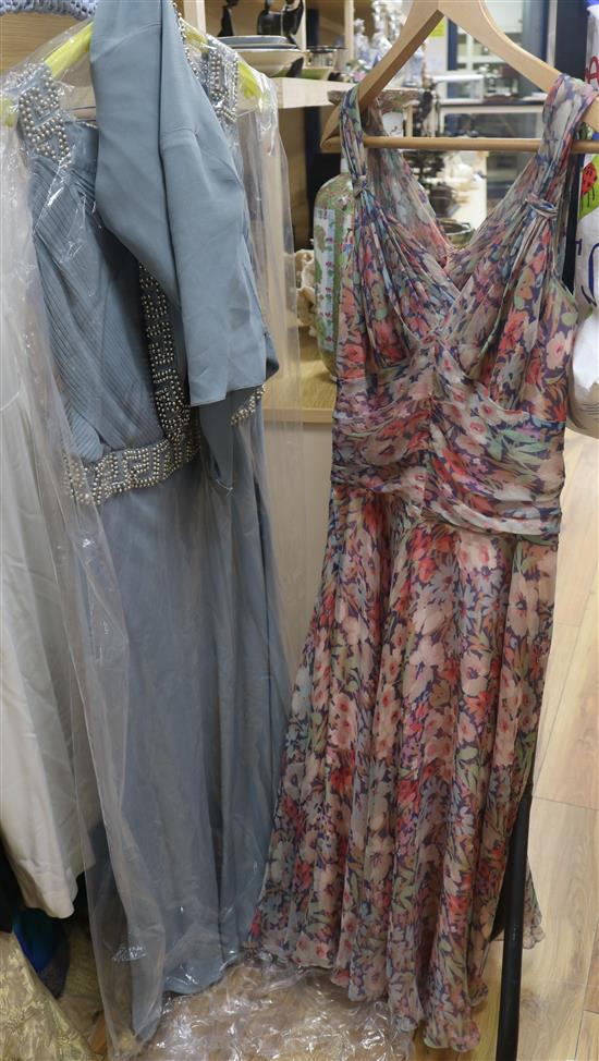 A silk chiffon dress, a pale blue evening dress and jacket with pearl trim